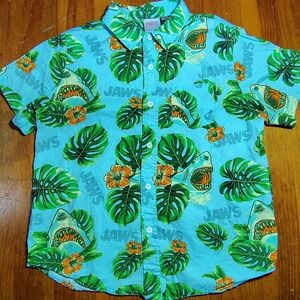 Kids Jaws Shark Hawaiian Button Up Shirt Short Sleeve Blue Tropical LG